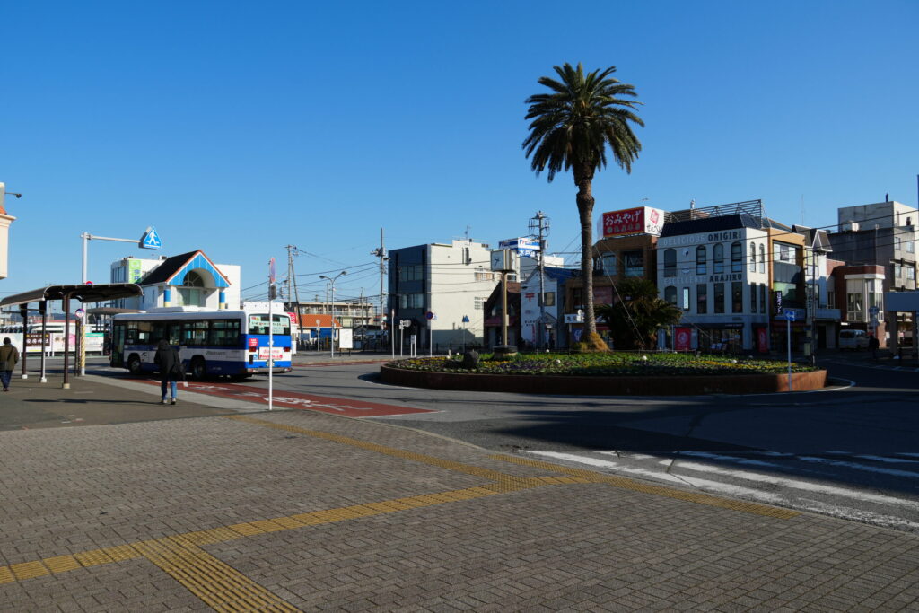 館山駅を背後にした館山駅東口の風景。立派な南国ヤシが立っている異国感が漂う