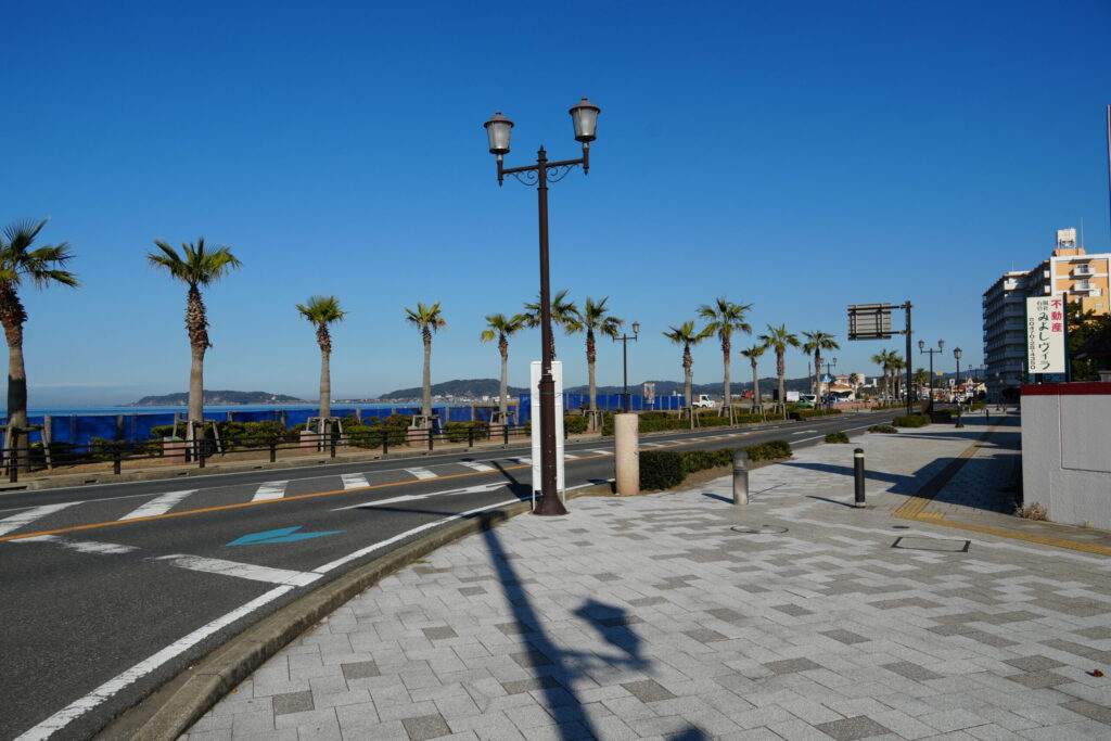 北条海岸沿いの道路。ヤシの木が道路わきに点々と植えられており南国感がある