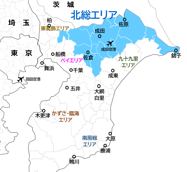 千葉県内で北総エリアがどこに位置するかを示した地図。