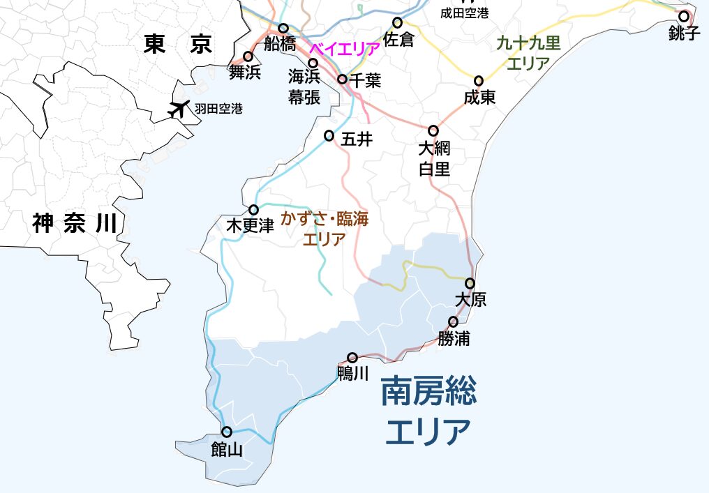 千葉県内で南房総エリアがどこに位置するかを示した地図。