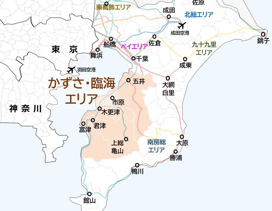 千葉県内でかずさ・臨海エリアがどこに位置するかを示した地図。