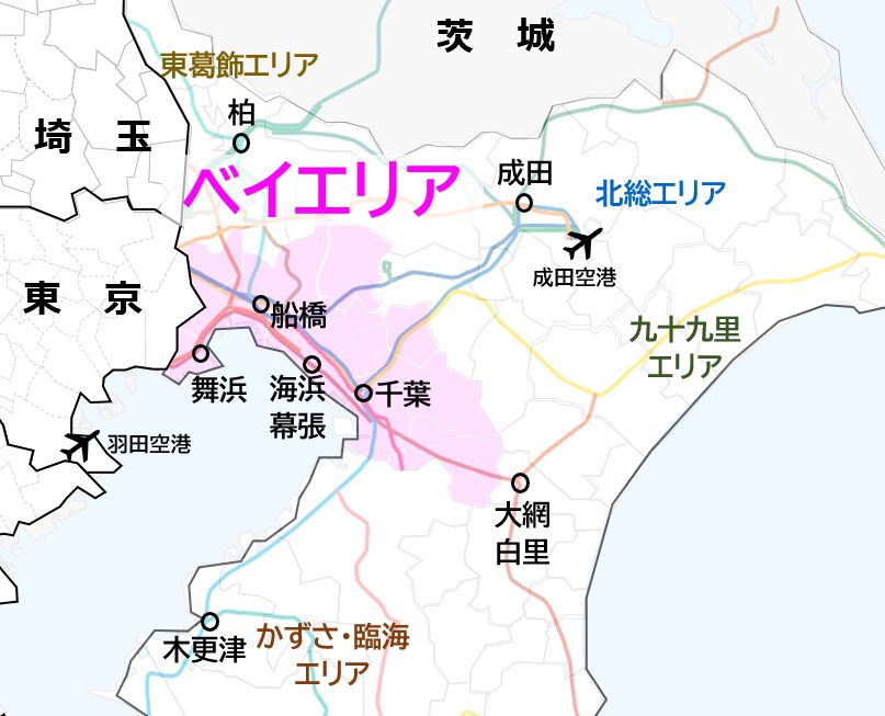 千葉県内でベイエリアがどこに位置するかを示した地図。