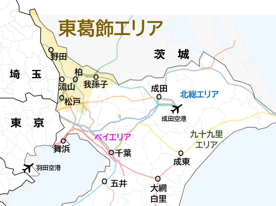 千葉県内で東葛飾エリアがどこに位置するかを示した地図。