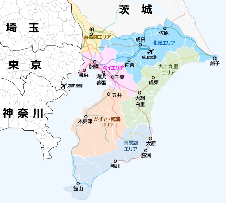 千葉県の6エリアを色分けした地図。周辺の都県も描かれており、千葉の地理関係がわかる画像